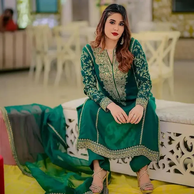 Fully Stitched Party Wear Zari Embroidery Work Plazo Suite - 44XXL Green
