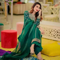 Fully Stitched Party Wear Zari Embroidery Work Plazo Suite - 44XXL Green