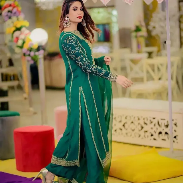 Fully Stitched Party Wear Zari Embroidery Work Plazo Suite - 44XXL Green