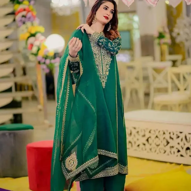 Fully Stitched Party Wear Zari Embroidery Work Plazo Suite - 44XXL Green