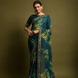 Georgette Superhit Designer Saree Cut Work Lace In 100% Best QUALITY - Green