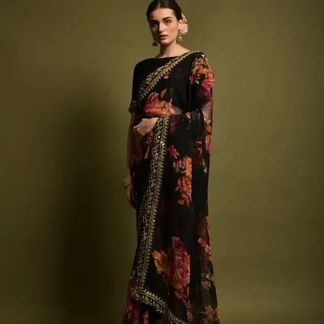 Georgette Superhit Designer Saree Cut Work Lace In 100% Best QUALITY - Green
