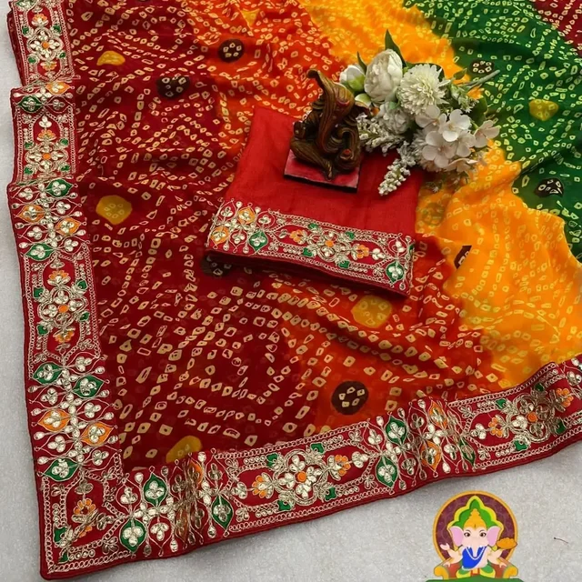 Puja Saree,Festival Saree, Bandhni Georgette Saree 85% Off - Orange