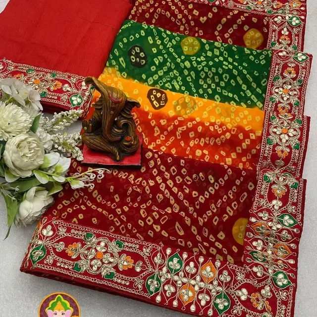Puja Saree,Festival Saree, Bandhni Georgette Saree 85% Off - Orange