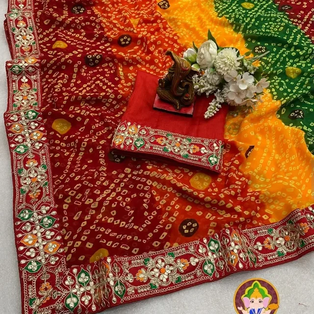 Puja Saree,Festival Saree, Bandhni Georgette Saree 85% Off - Orange