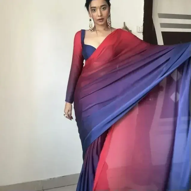 Rangoli Silk Saree, Embellished Digital Print Saree - Red Blue
