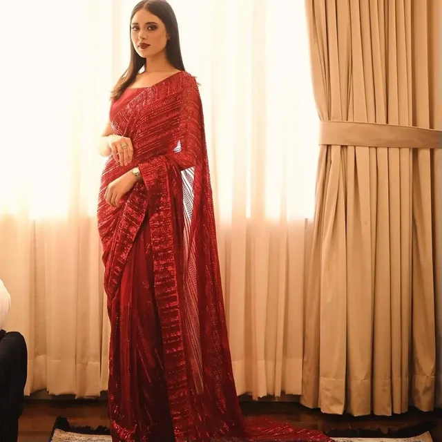 Red Bollywood Sequence Work Party Wear Saree