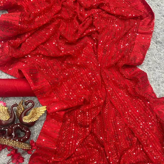 Red Bollywood Sequence Work Party Wear Saree