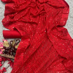 Red Bollywood Sequence Work Party Wear Saree