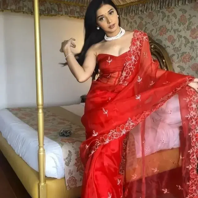 Red Organza Embroidered Work Party Wear Saree