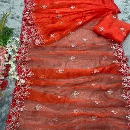 Red Organza Embroidered Work Party Wear Saree