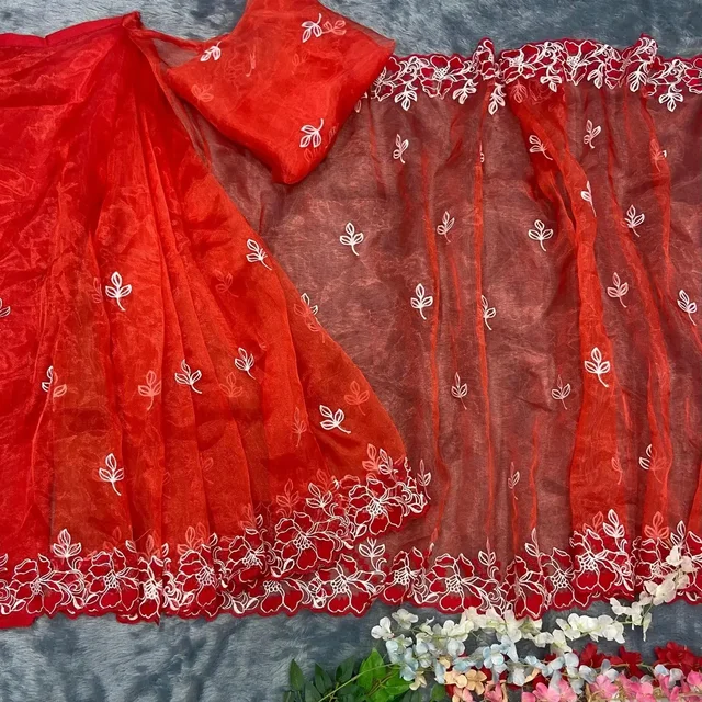 Red Organza Embroidered Work Party Wear Saree