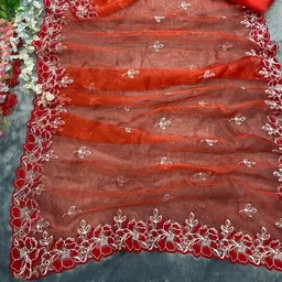 Red Organza Embroidered Work Party Wear Saree
