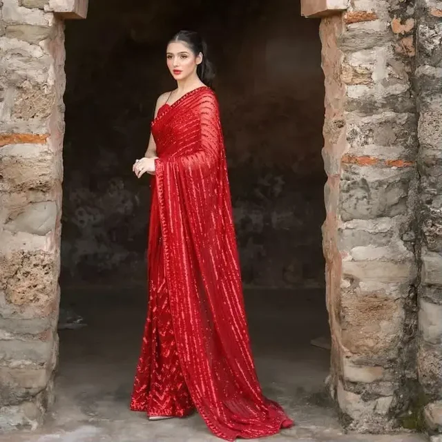 Red,black Soft Georgette Sequence Work Saree In Best Price - Black