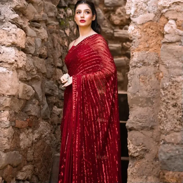 Red,black Soft Georgette Sequence Work Saree In Best Price - Black