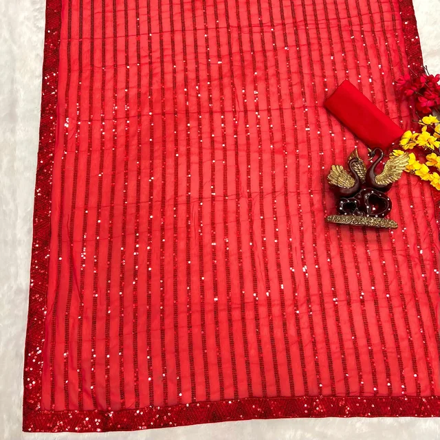 Red,black Soft Georgette Sequence Work Saree In Best Price - Black