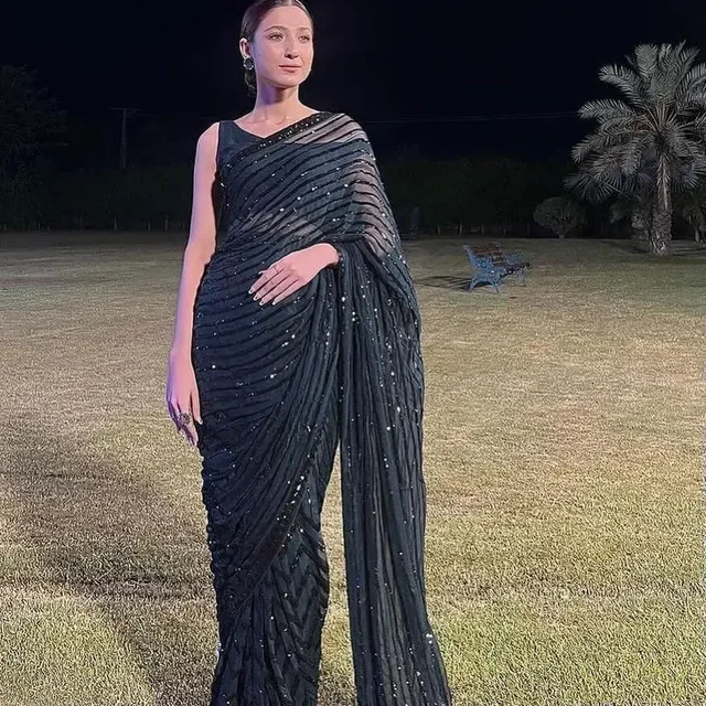 Red,black Soft Georgette Sequence Work Saree In Best Price - Black