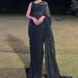 Red,black Soft Georgette Sequence Work Saree In Best Price - Black