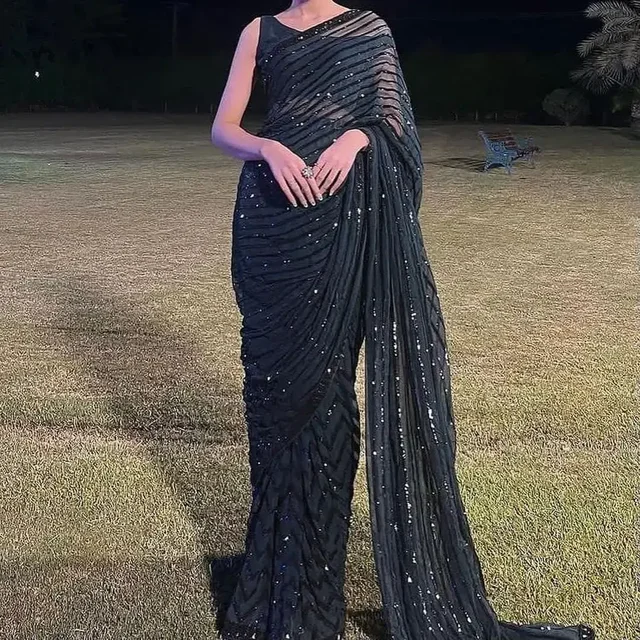 Red,black Soft Georgette Sequence Work Saree In Best Price - Black