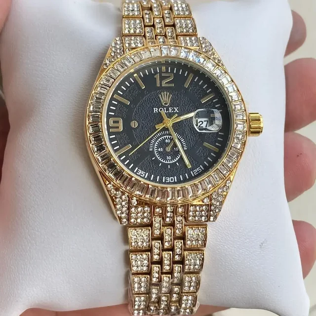 Rolex Very Stylish Trending Full Diamond Men's Watch ,Festival And Party Wear - Black