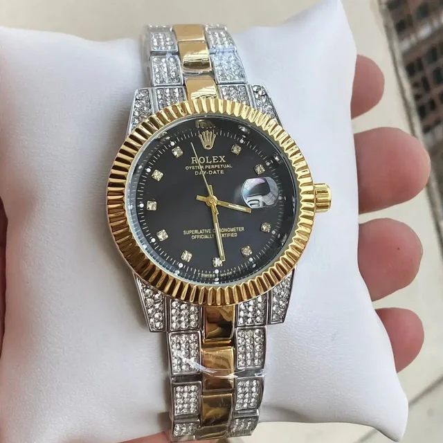 Rolex Very Stylish Trending Full Diamond Men's Watch ,Festival And Party Wear - Black