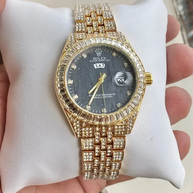 Rolex Very Stylish Trending Full Diamond Men's Watch ,Festival And Party Wear - Black