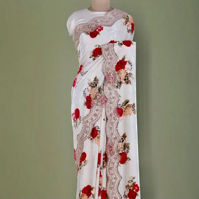 Rose Flower Designer Saree, White Party Wear Collection - White