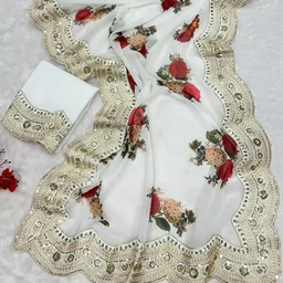 Rose Flower Designer Saree, White Party Wear Collection - White