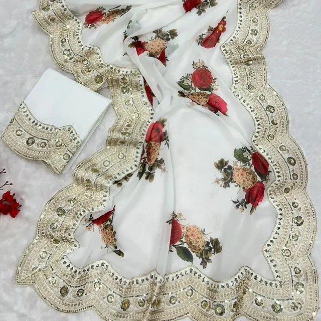 Rose Flower Designer Saree, White Party Wear Collection - White