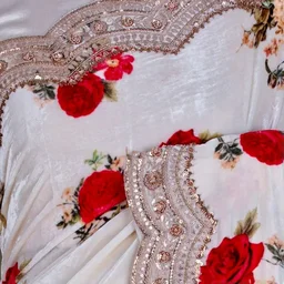 Rose Flower Designer Saree, White Party Wear Collection - White