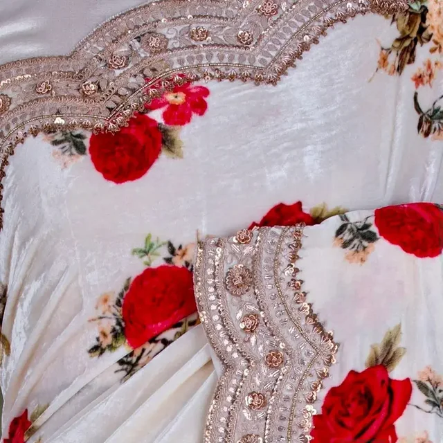 Rose Flower Designer Saree, White Party Wear Collection - White