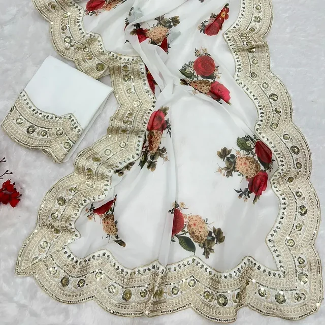 Rose Flower Designer Saree, White Party Wear Collection - White