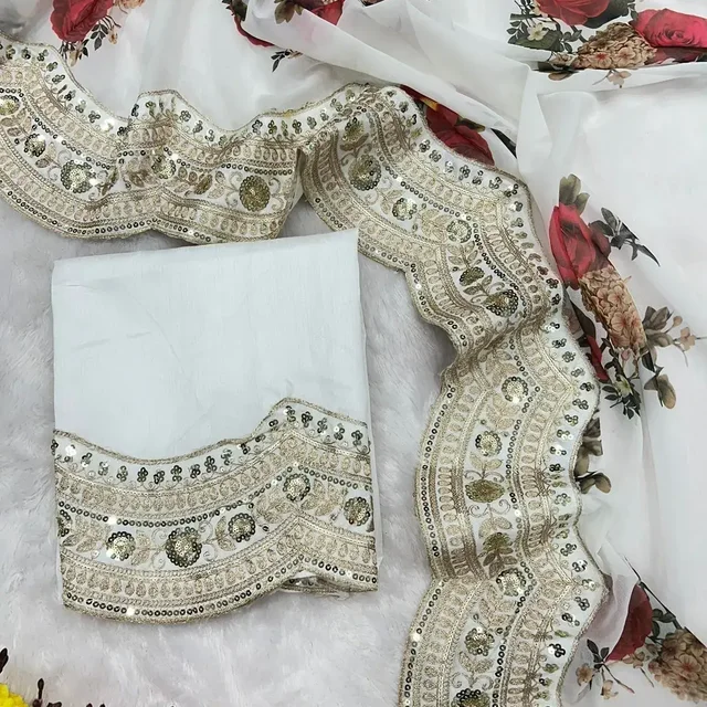 Rose Flower Designer Saree, White Party Wear Collection - White