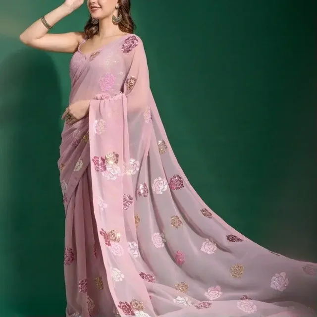 Rose Sequence Work Saree, Party Wear Saree In More Colours - Green