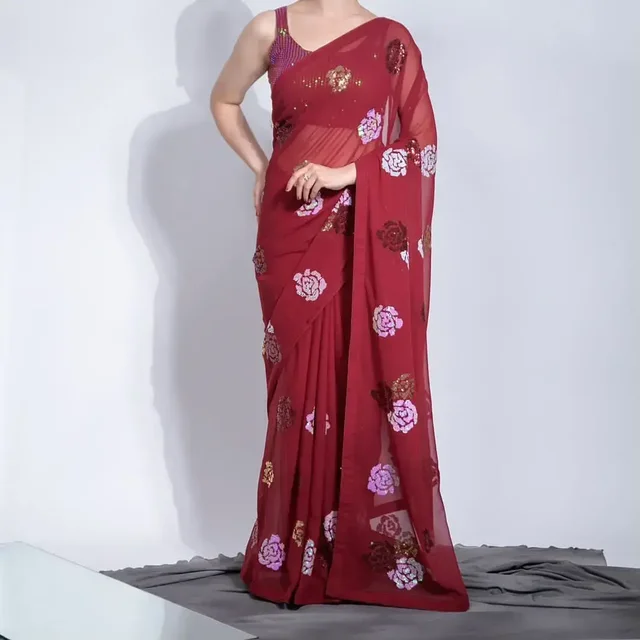 Rose Sequence Work Saree, Party Wear Saree In More Colours - Green