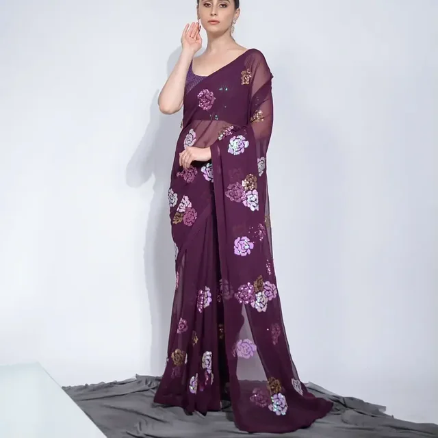 Rose Sequence Work Saree, Party Wear Saree In More Colours - Green