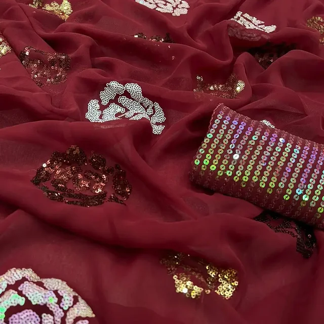 Rose Sequence Work Saree, Party Wear Saree In More Colours - Green