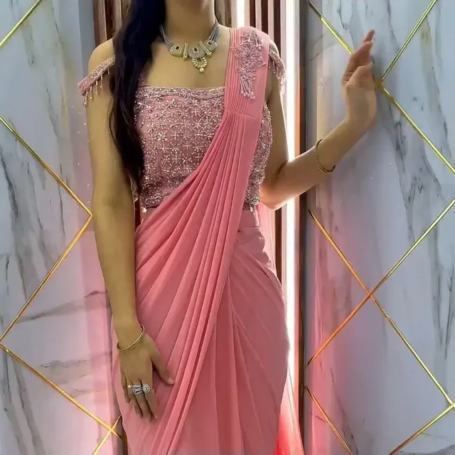 TRENDING STYLE NEW FANCY READY TO WEAR FAUX GEORGETTE SEQUENCE PATCH WORK SAREE - purple