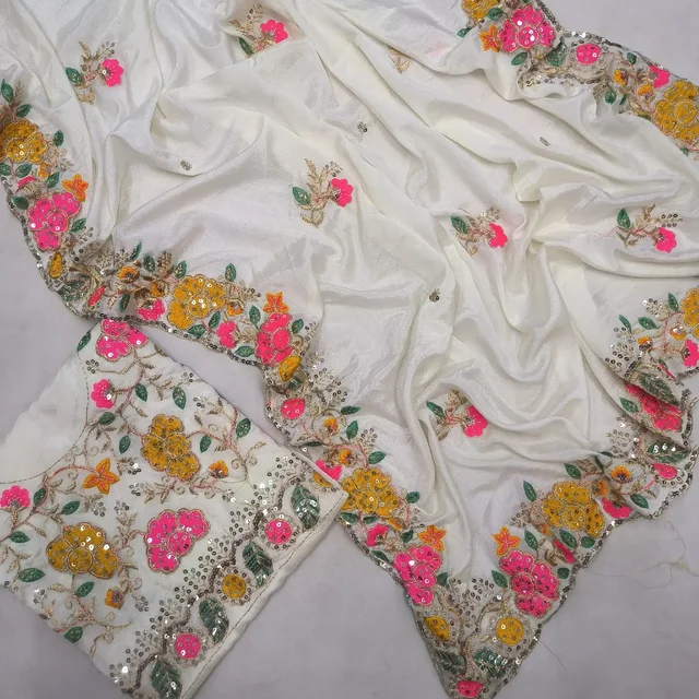 White Embroidery Work Chinnon Silk Party Wear Saree