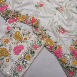 White Embroidery Work Chinnon Silk Party Wear Saree