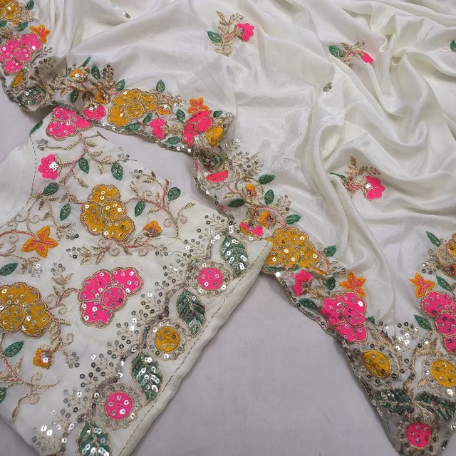White Embroidery Work Chinnon Silk Party Wear Saree