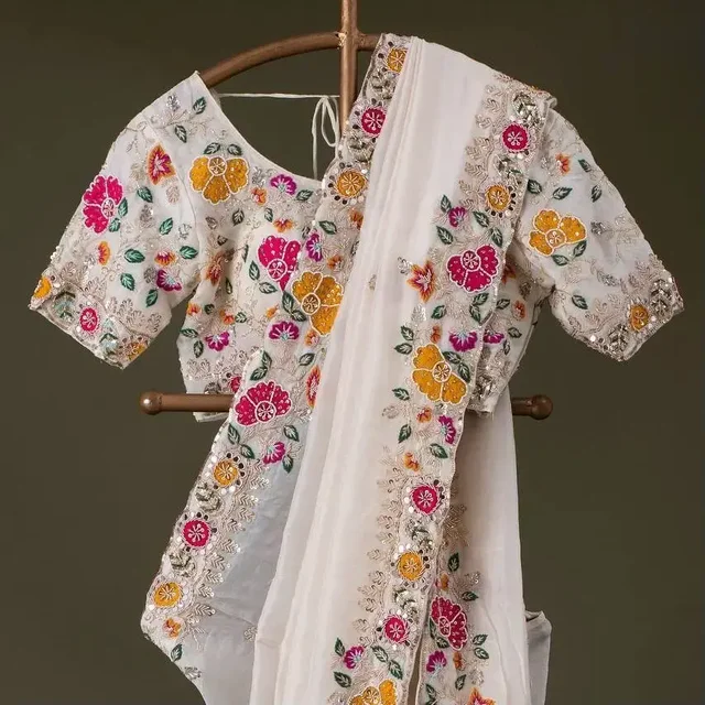 White Embroidery Work Chinnon Silk Party Wear Saree