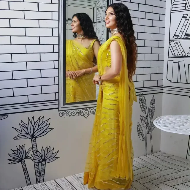 Yellow Georgette Saree For Haldi Ceremony In Best Price