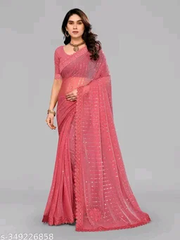 SHIMMER SAREE WITH MIRROR WORK AND CHEMICAL LACE AND DIMOND HAND WORK