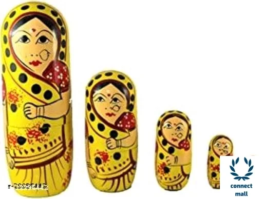 Tradational Hand Painted Wooden Rajasthani Doll 10 Inches Set Of 4 Green Colour Showpiece For Living Room Home Decor!! - Yellow