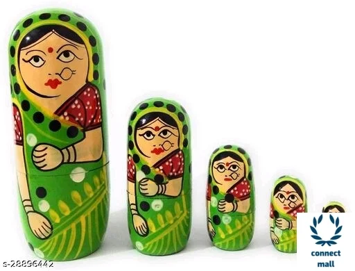 Tradational Hand Painted Wooden Rajasthani Doll 10 Inches Set Of 4 Green Colour Showpiece For Living Room Home Decor!! - 1.5 inch × 8 inch × 1.5inch, Orange, Wooden
