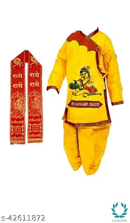 Kids Cotton Fabric Dhoti Kurti Ready To Wear Krishna Costume Without Duppatta For The Age 0 To 16 Yrs Children With Jewellery Set Of 9 - 6-12months, Yellow, Cotton