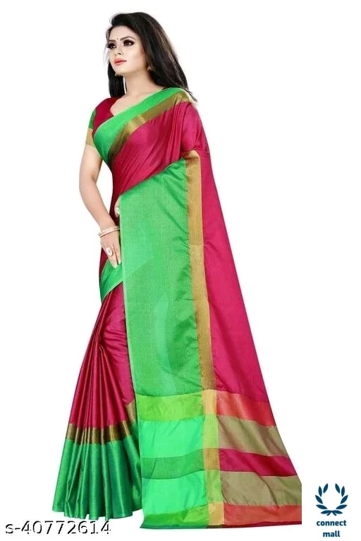 Solid Cotton Silk Sarees With Blouse Piece - Green & Black, Cotton silk, 3