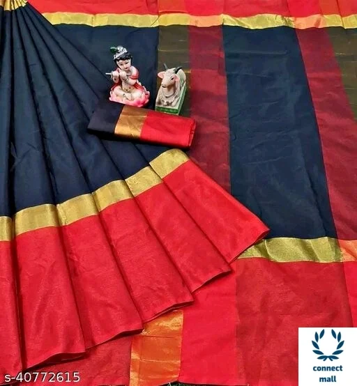 Solid Cotton Silk Sarees With Blouse Piece - Green & Black, Cotton silk, 3