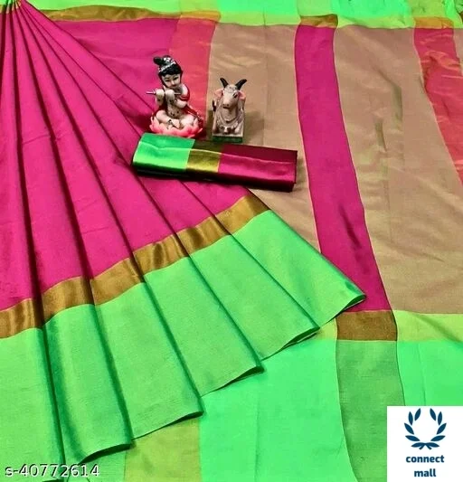 Solid Cotton Silk Sarees With Blouse Piece - Green & Black, Cotton silk, 3